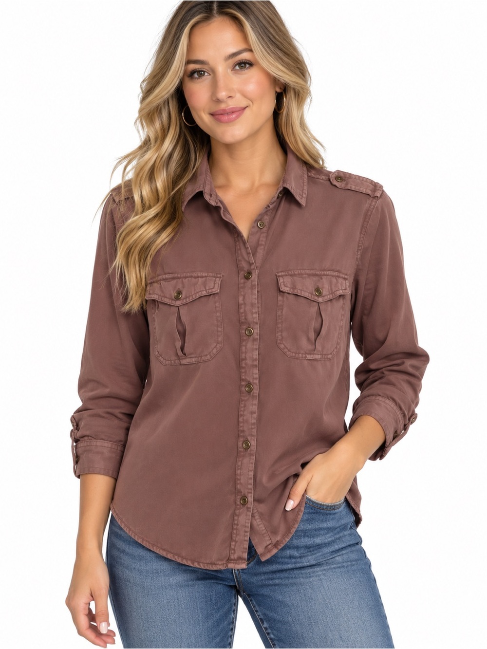 J for Justify Mauve-Brown Button Front Utility Shirt - 1049